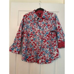 Chaps Blouse Top PL Blue Red White Floral 3/4 Sleeve Button No Iron Flip Cuff‎